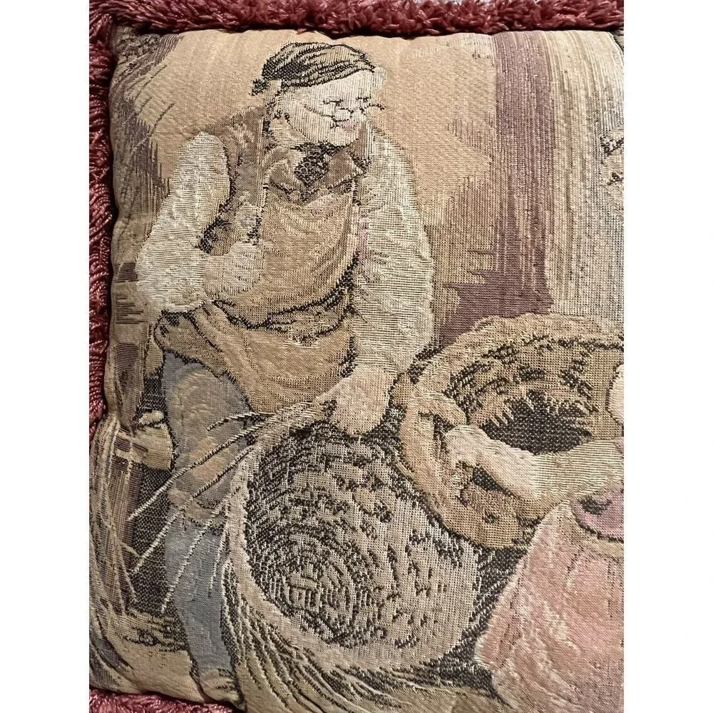 Antique FRENCH TAPESTRY w/‎ LITTLE GIRL TAKING BROKEN BASKET to the BASKET MAKER